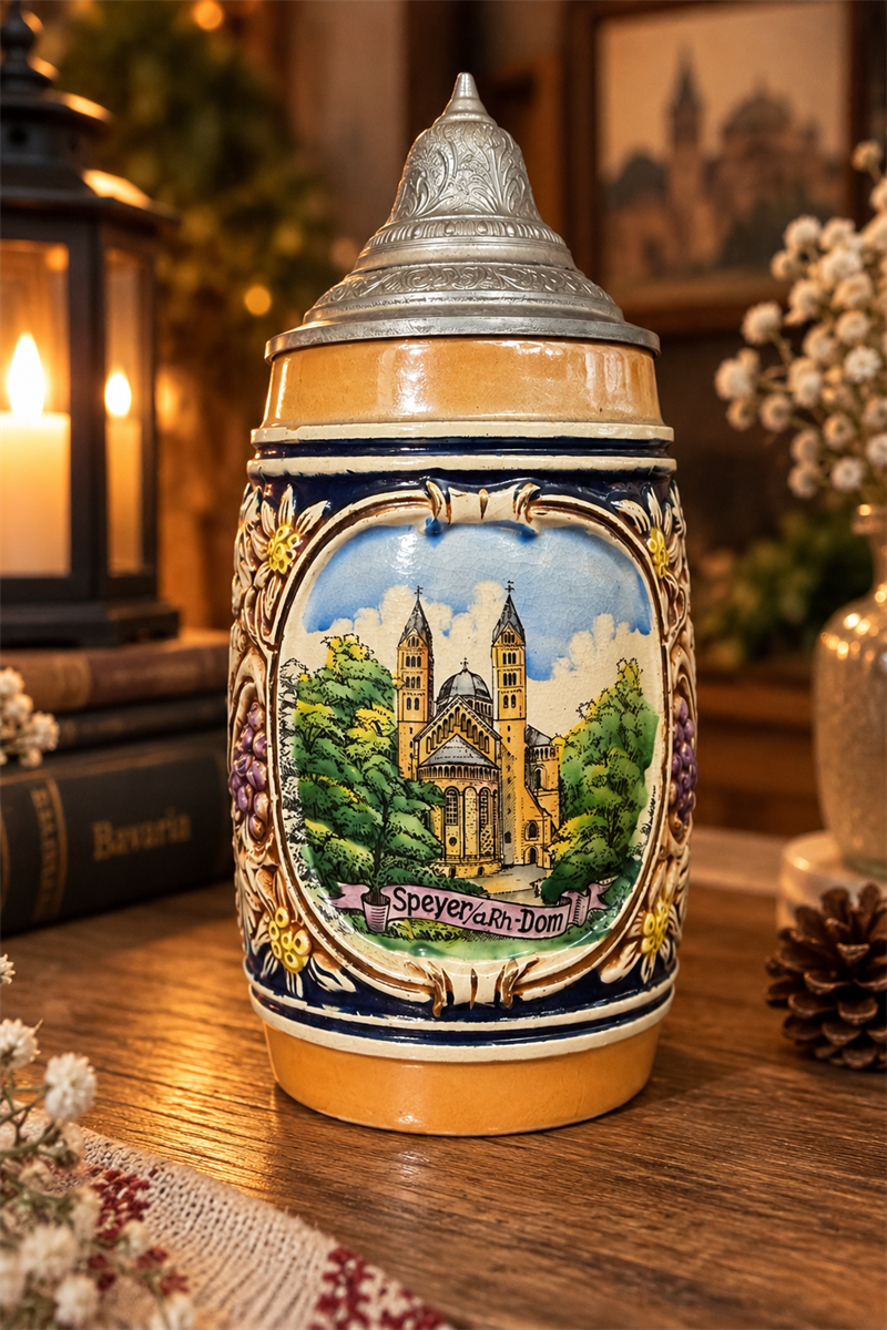 Vintage Speyer Dom Kapaklı Alman Seramik Bira Kupası
