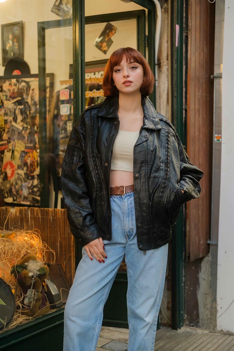 Vintage Tasarım Bomber Unisex Deri Ceket