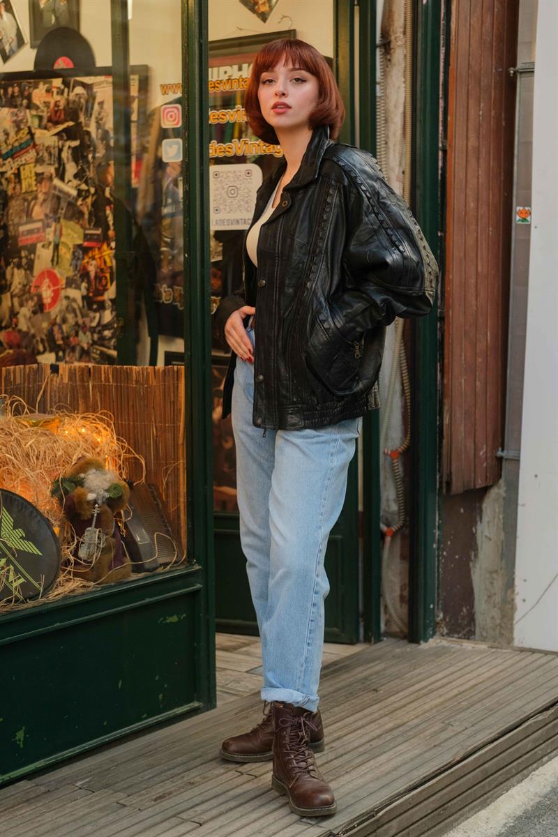 Vintage Tasarım Bomber Unisex Deri Ceket