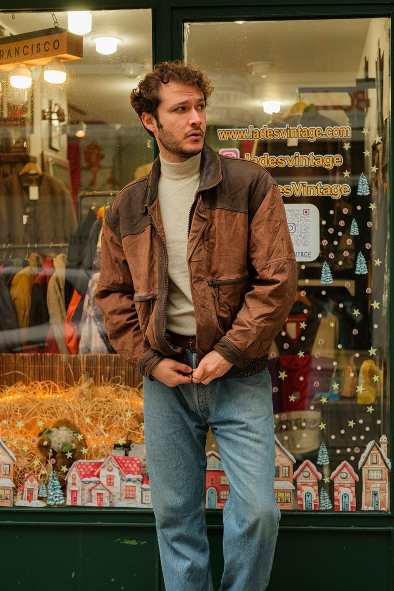Vintage TRAPPER Kahve Bomber Unisex Deri Ceket