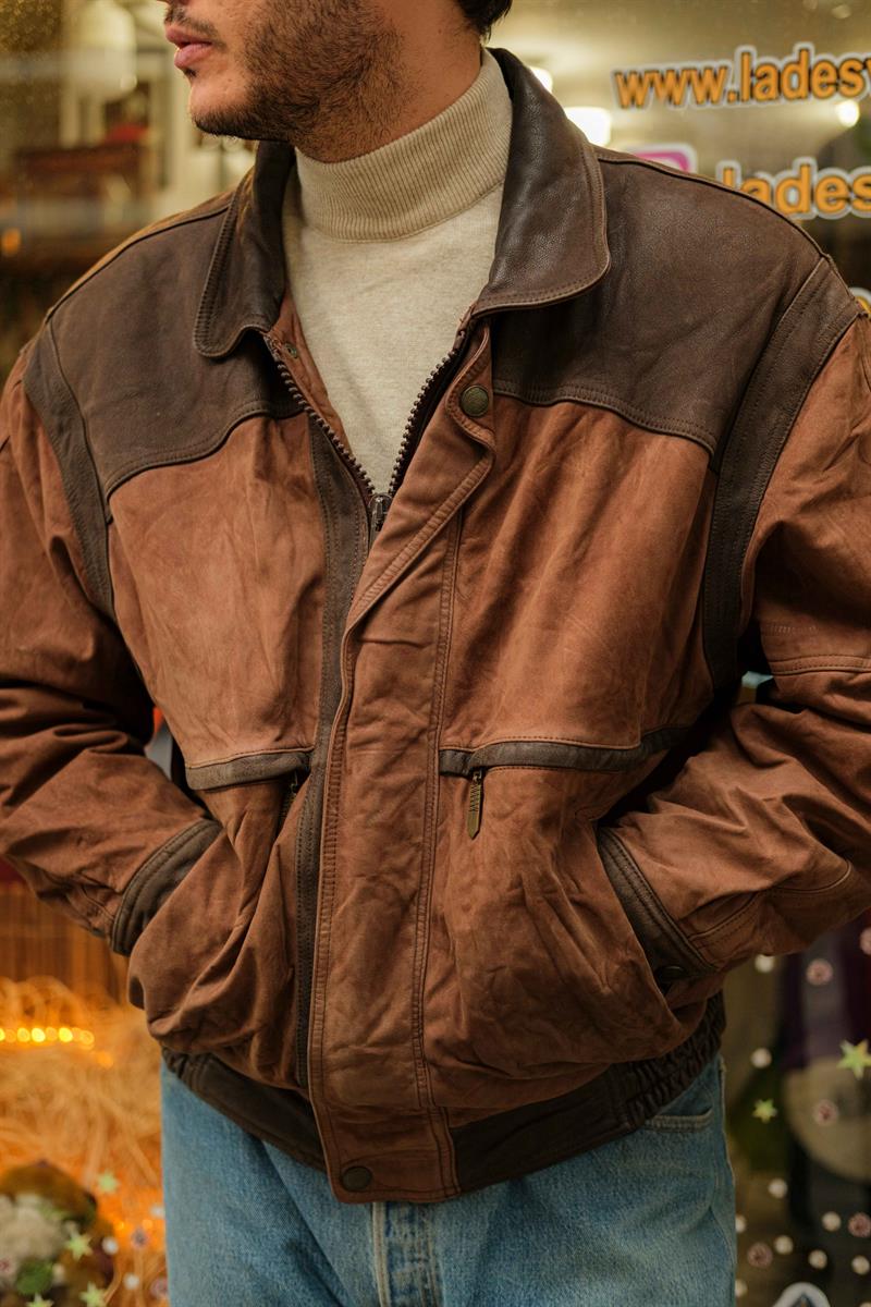 Vintage TRAPPER Kahve Bomber Unisex Deri Ceket