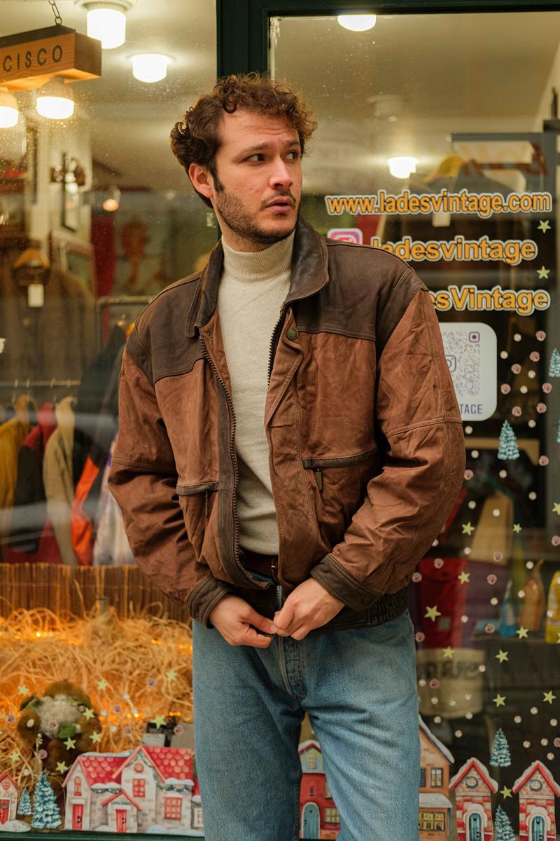 Vintage TRAPPER Kahve Bomber Unisex Deri Ceket