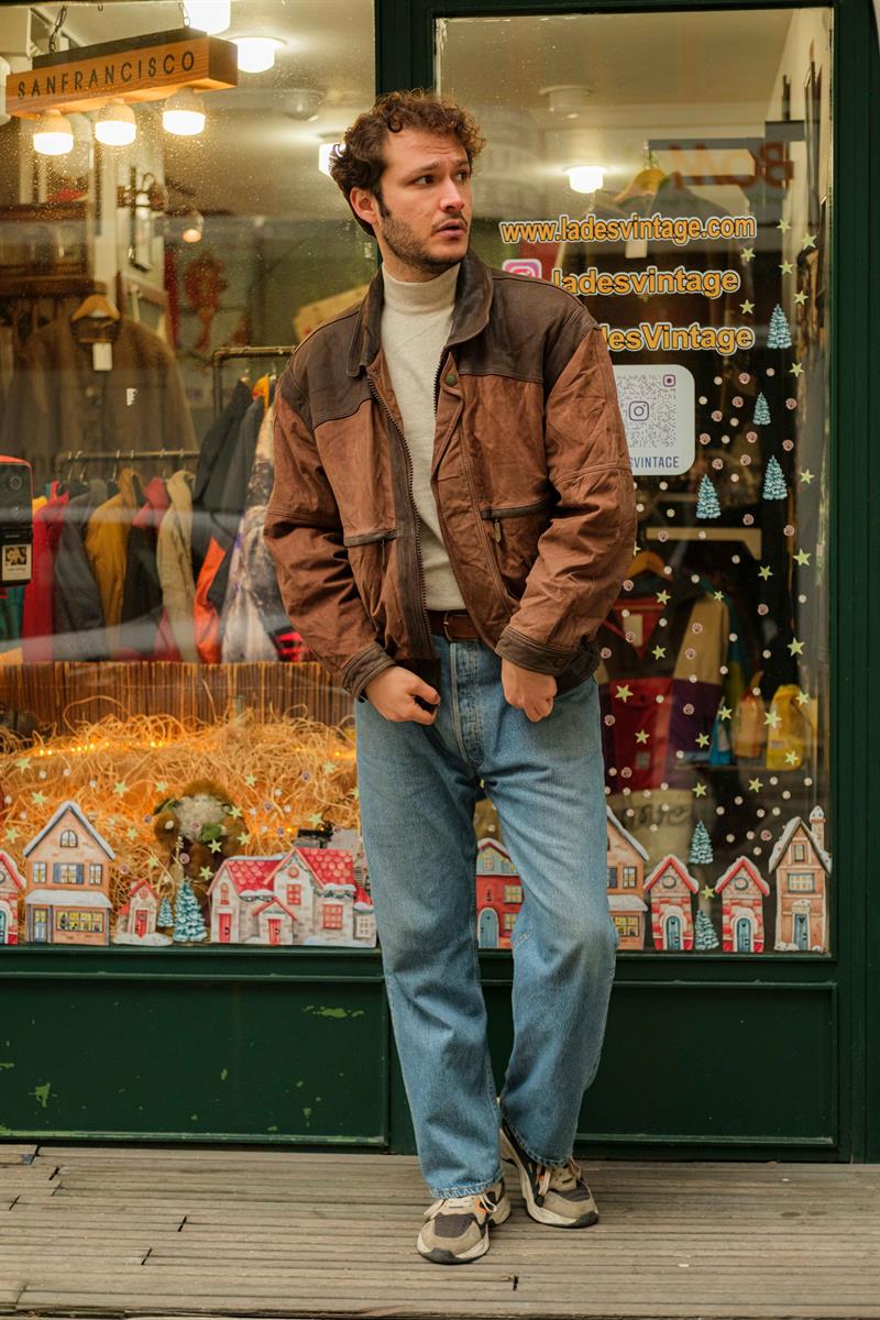 Vintage TRAPPER Kahve Bomber Unisex Deri Ceket