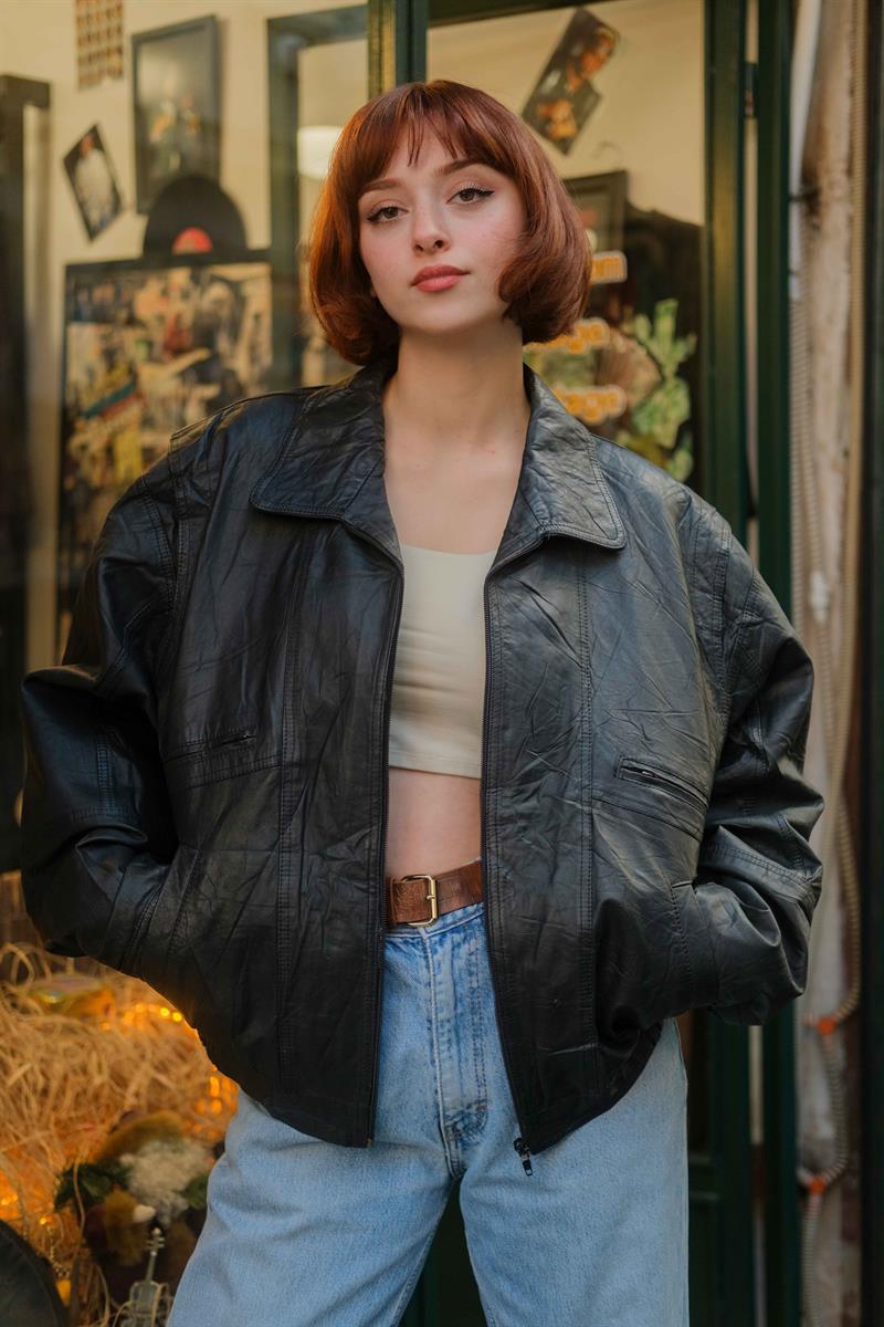 Vintage Unisex Bomber Deri Ceket
