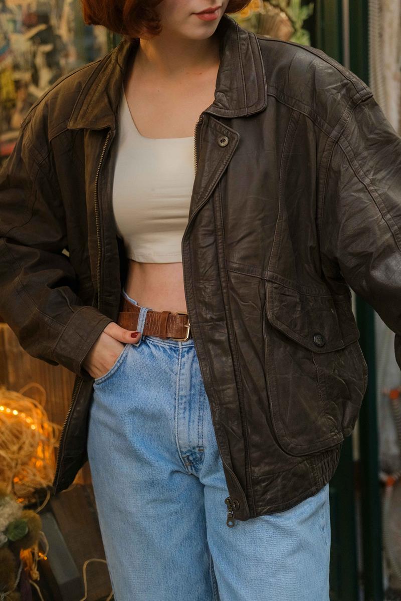 Vintage Unisex Bomber Deri Ceket