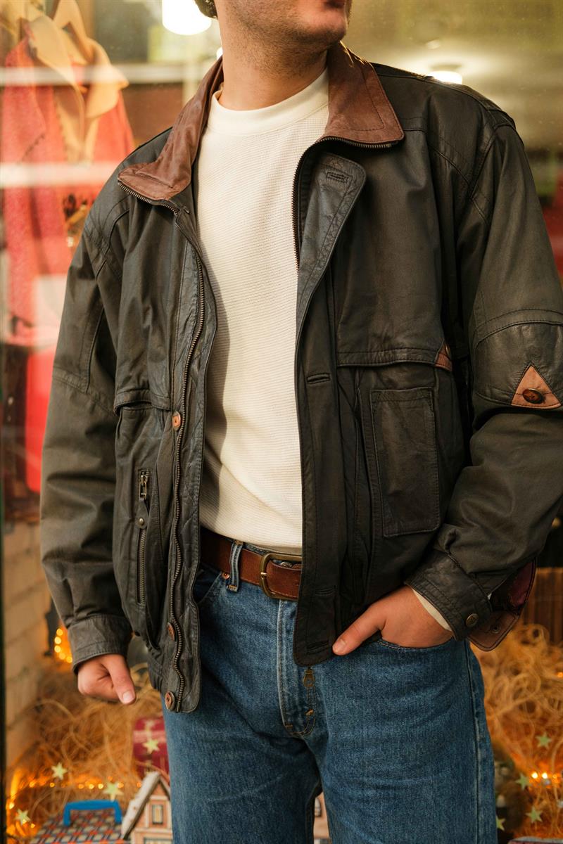 Vintage Yaka Detay Bomber Unisex Deri Ceket