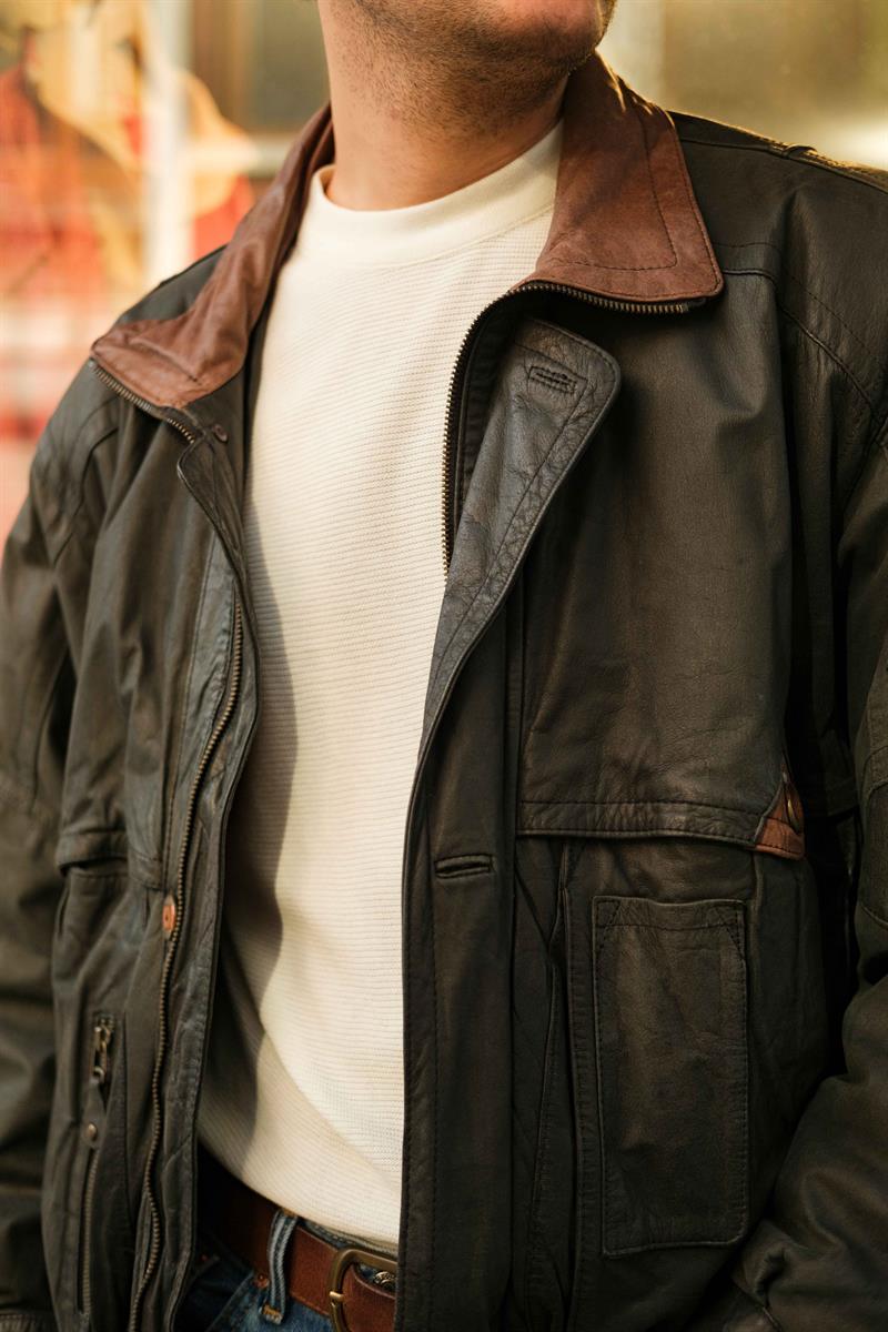 Vintage Yaka Detay Bomber Unisex Deri Ceket