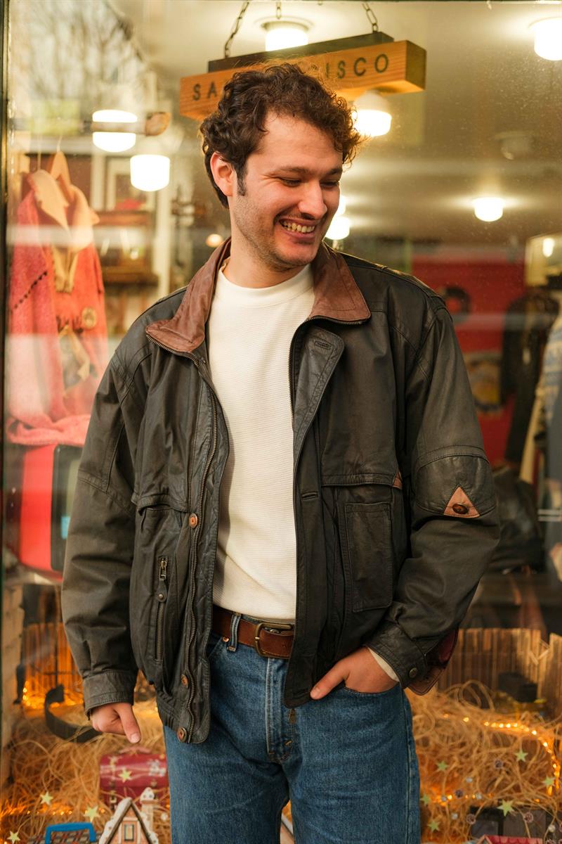 Vintage Yaka Detay Bomber Unisex Deri Ceket