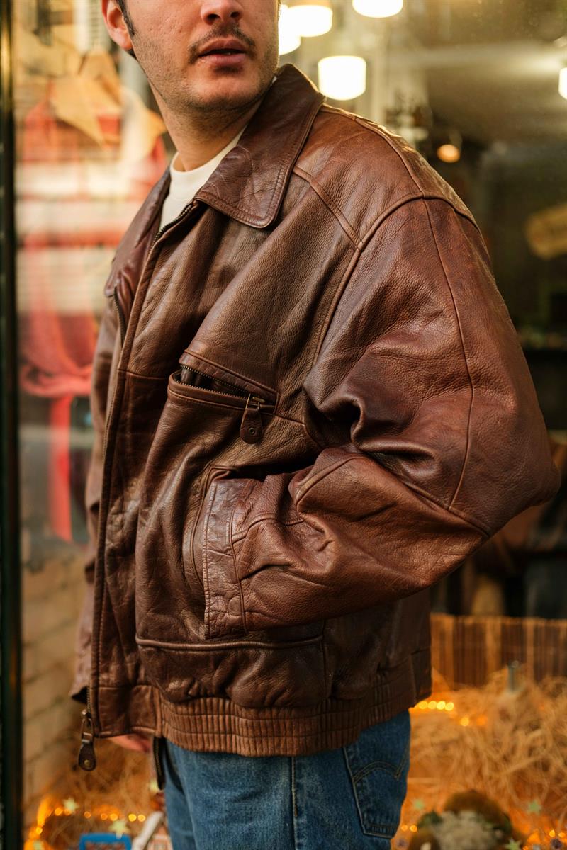 Vintage YORN Eskitme Coffe Bomber Unisex Deri Ceket
