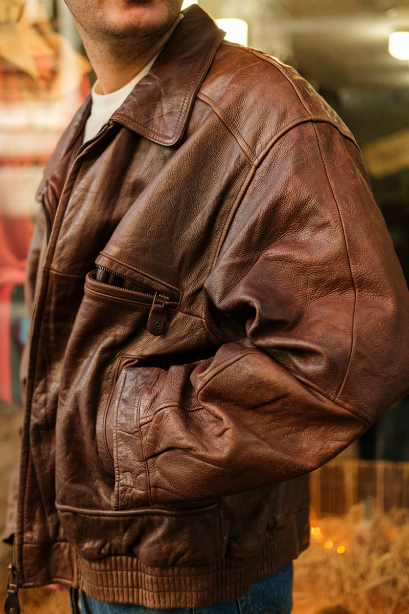 Vintage YORN Eskitme Coffe Bomber Unisex Deri Ceket