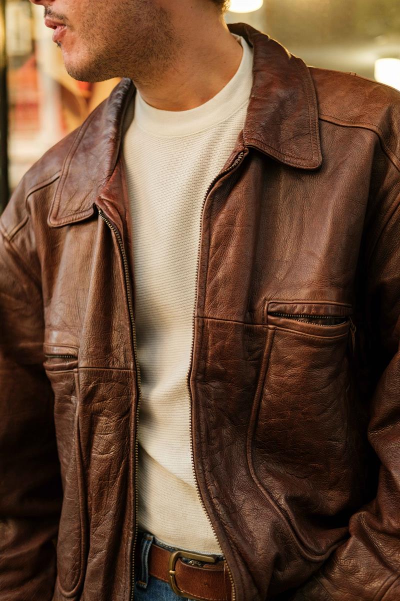 Vintage YORN Eskitme Coffe Bomber Unisex Deri Ceket