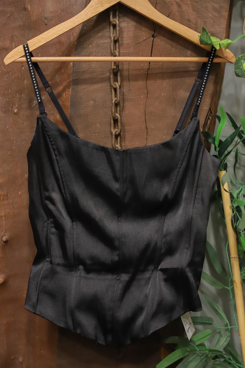 Y2K Black Satin Bağcıklı Büstiyer