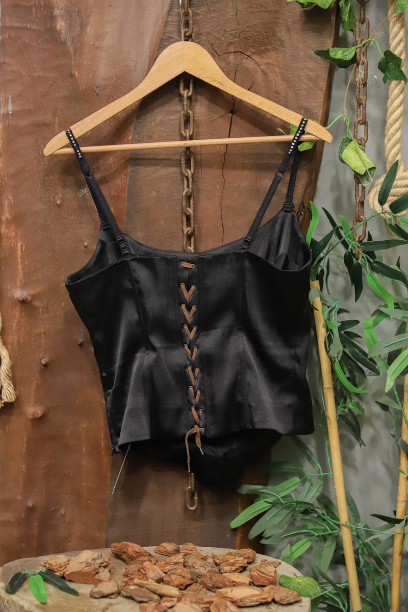 Y2K Black Satin Bağcıklı Büstiyer