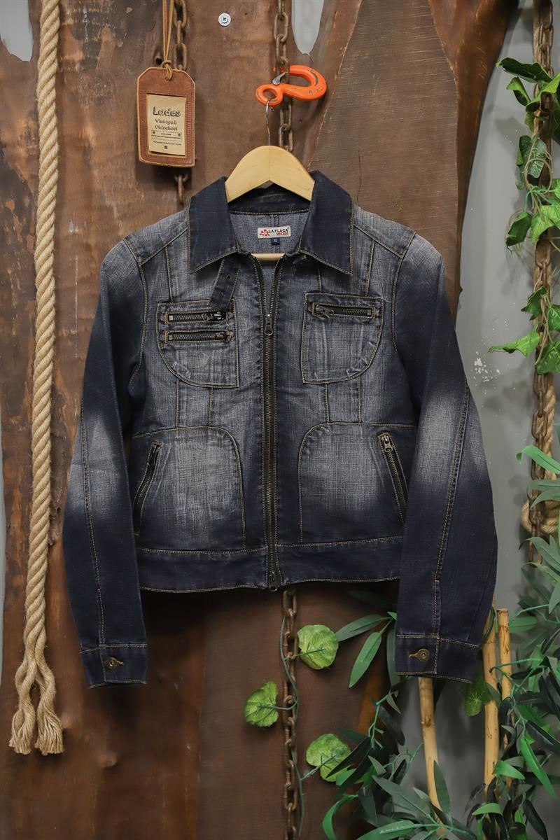 Y2K Blue Denim Biker Kot Ceket