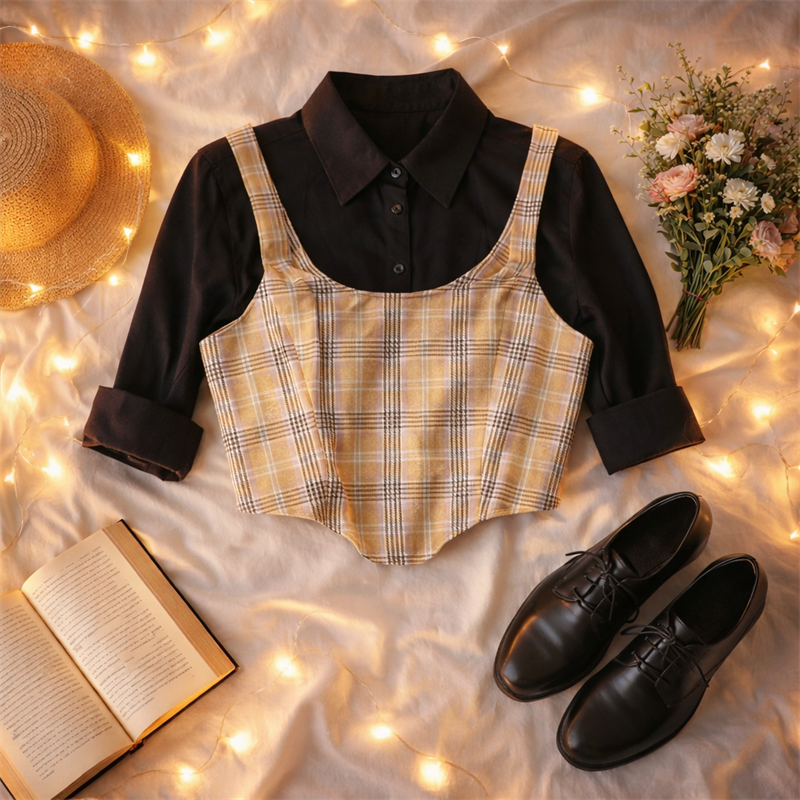 Y2K Ekoseli Bağcıklı Korset