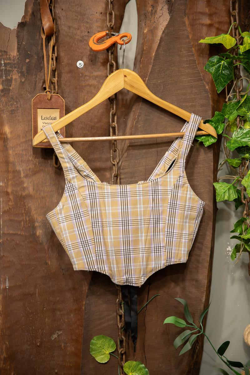 Y2K Ekoseli Bağcıklı Korset