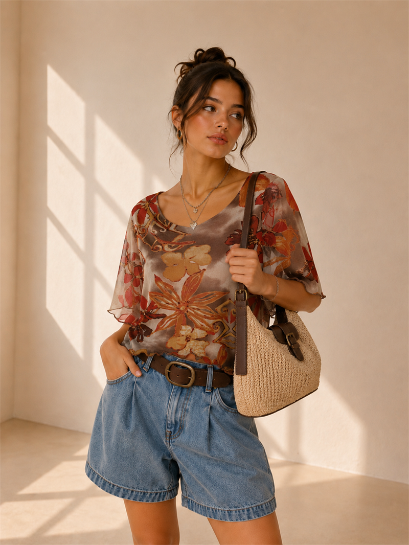 Y2K Floral Tül Bluz