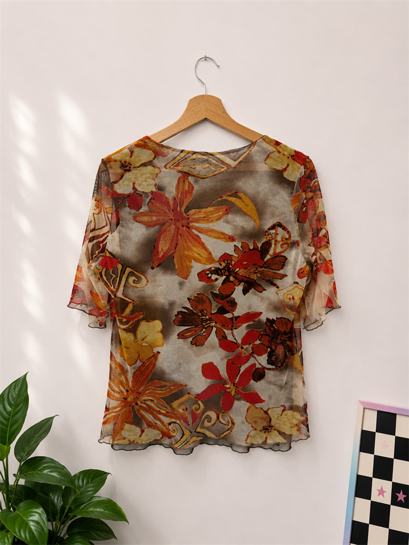 Y2K Floral Tül Bluz