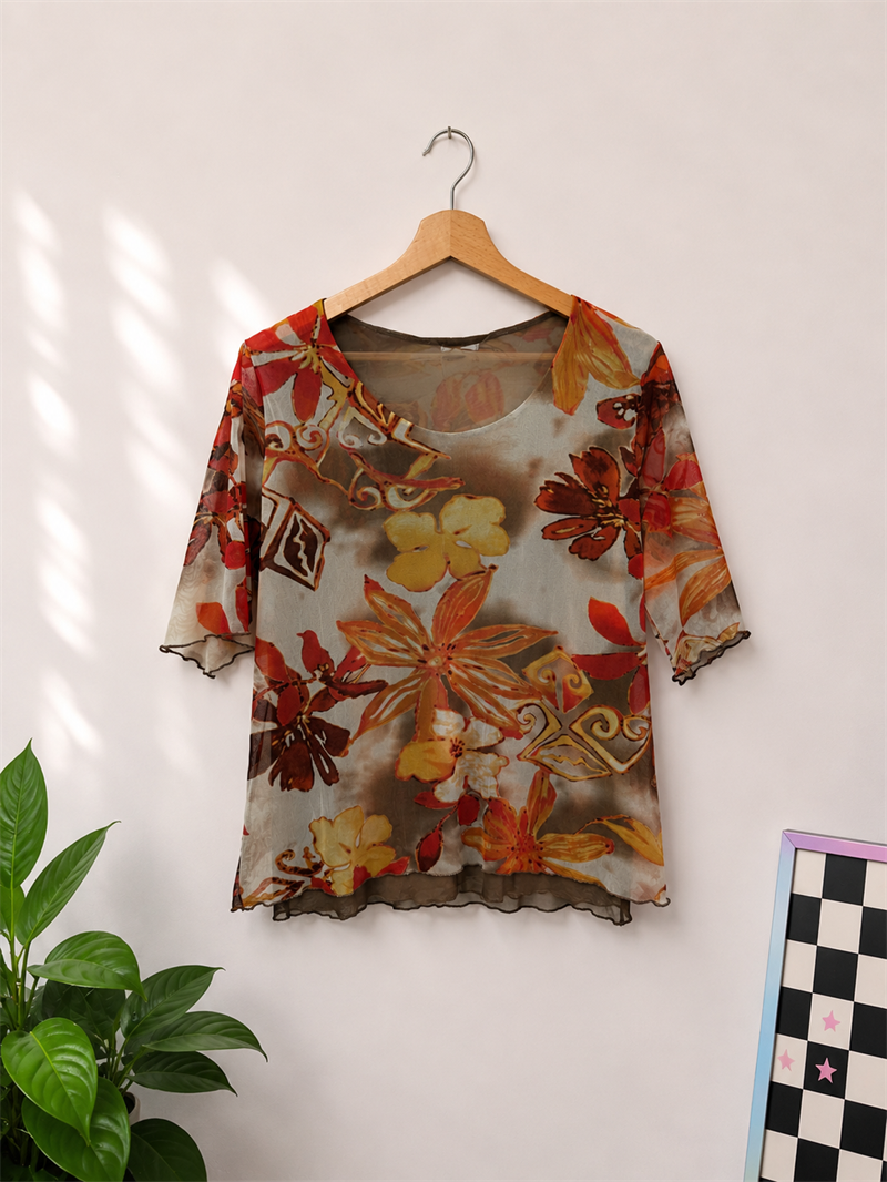 Y2K Floral Tül Bluz