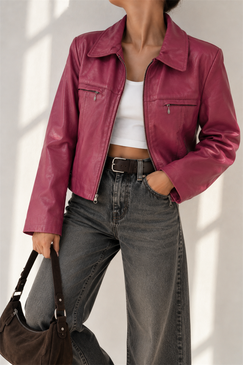 Y2K Fuşya/Pembe Biker Deri Ceket