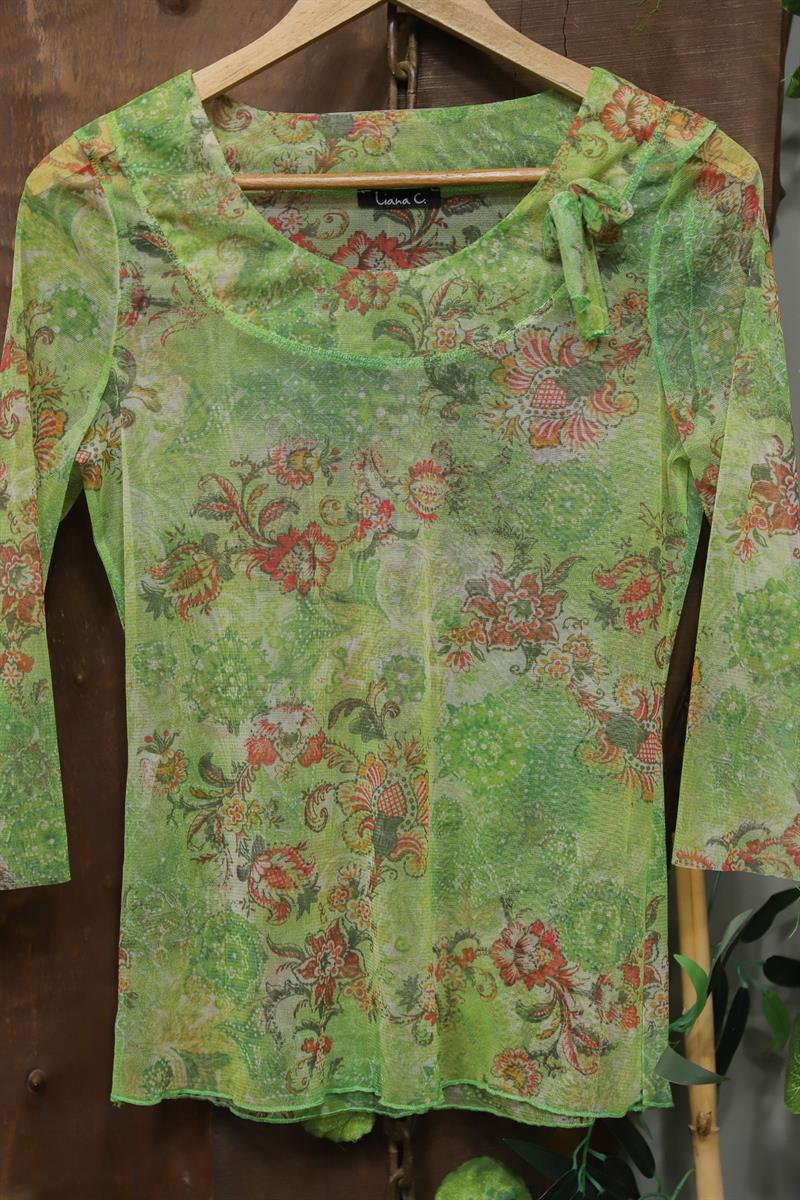 Y2K Green Boho Şifon Bluz