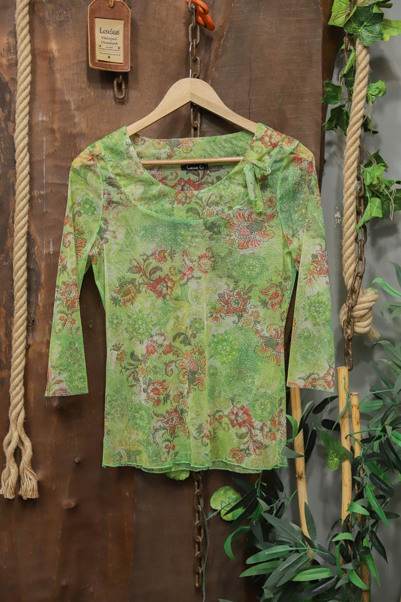 Y2K Green Boho Şifon Bluz