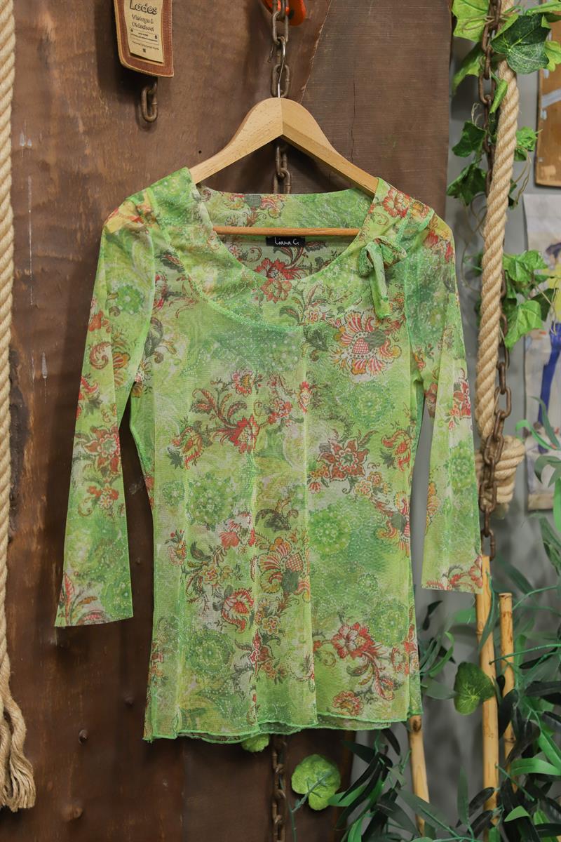 Y2K Green Boho Şifon Bluz