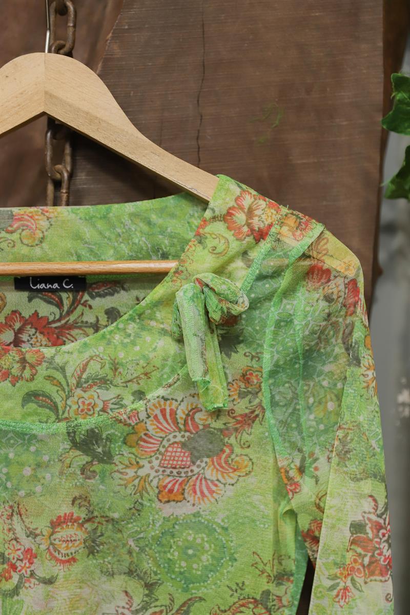 Y2K Green Boho Şifon Bluz