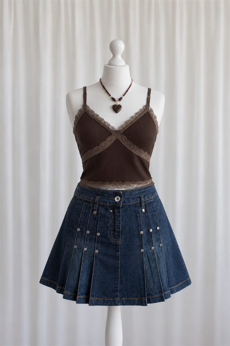 Y2K Kahve Fitilli Dantelli Crop Bluz