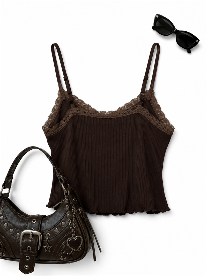 Y2K Kahve Fitilli Dantelli Crop Bluz