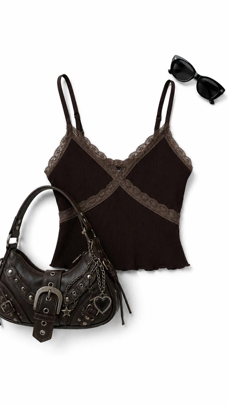 Y2K Kahve Fitilli Dantelli Crop Bluz