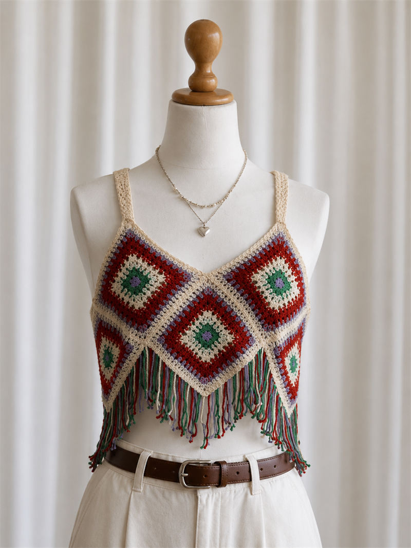Y2K Tığ Örgülü Püsküllü Boho Crop