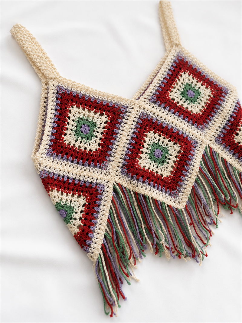Y2K Tığ Örgülü Püsküllü Boho Crop