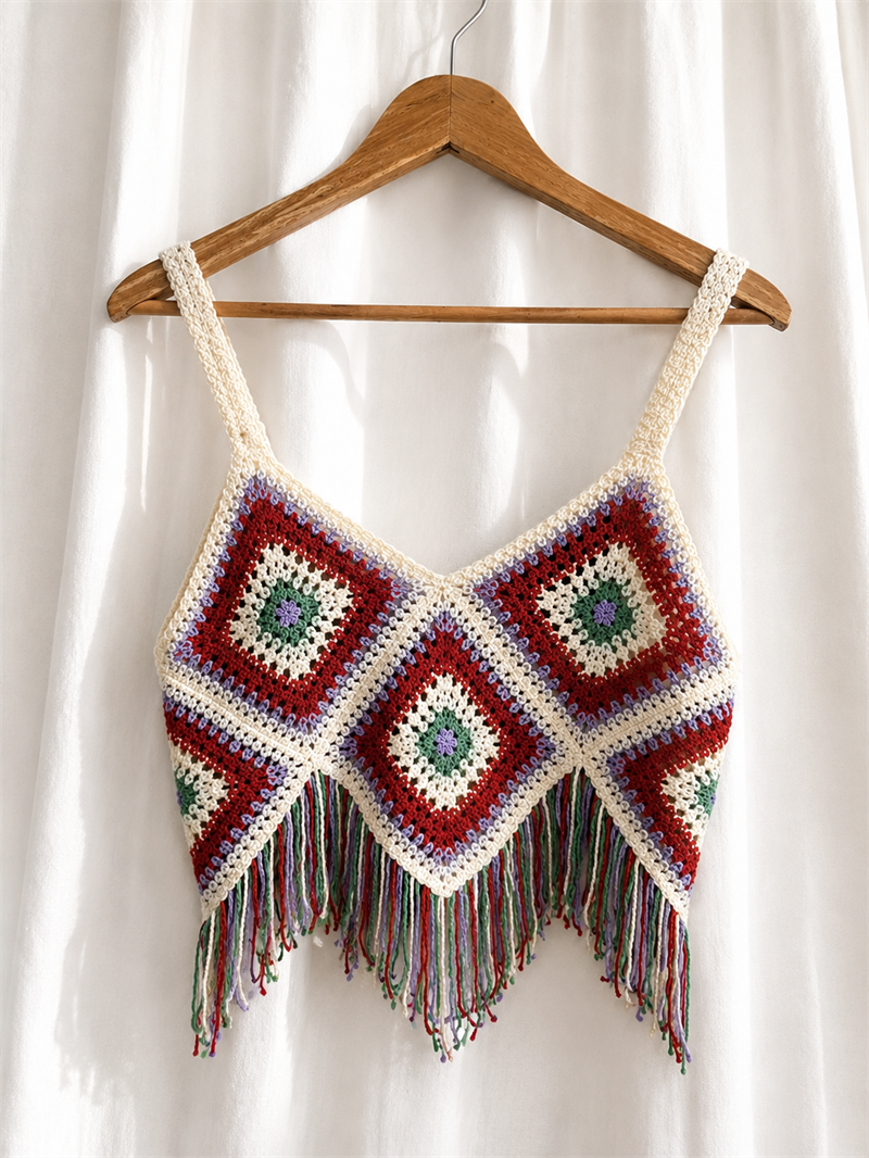 Y2K Tığ Örgülü Püsküllü Boho Crop