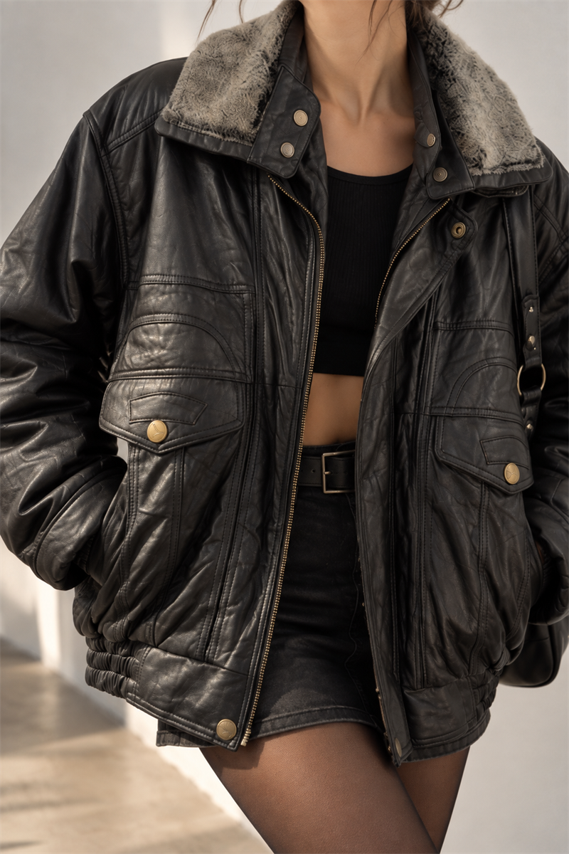 Yaka Kürklü Aviator Bomber Deri Ceket