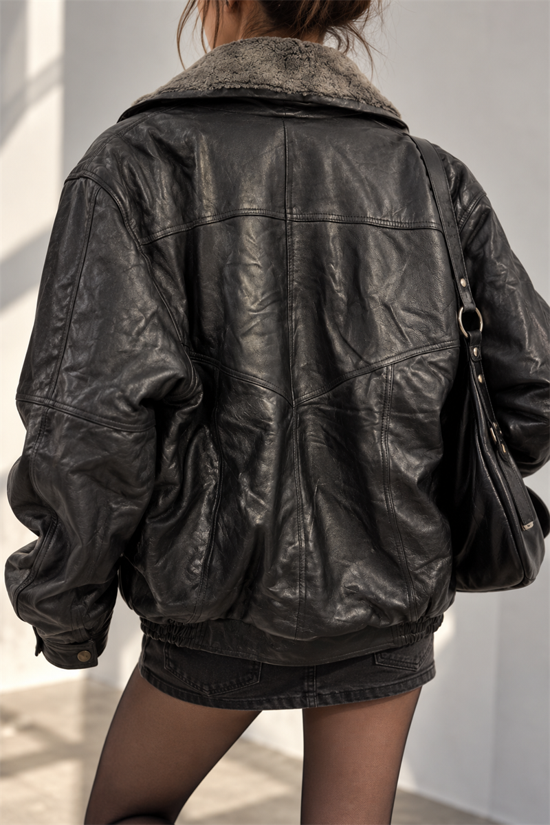 Yaka Kürklü Aviator Bomber Deri Ceket