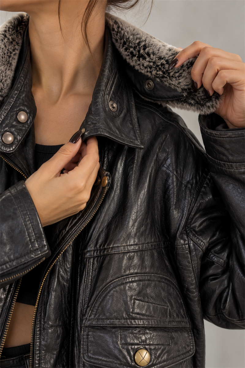 Yaka Kürklü Aviator Bomber Deri Ceket