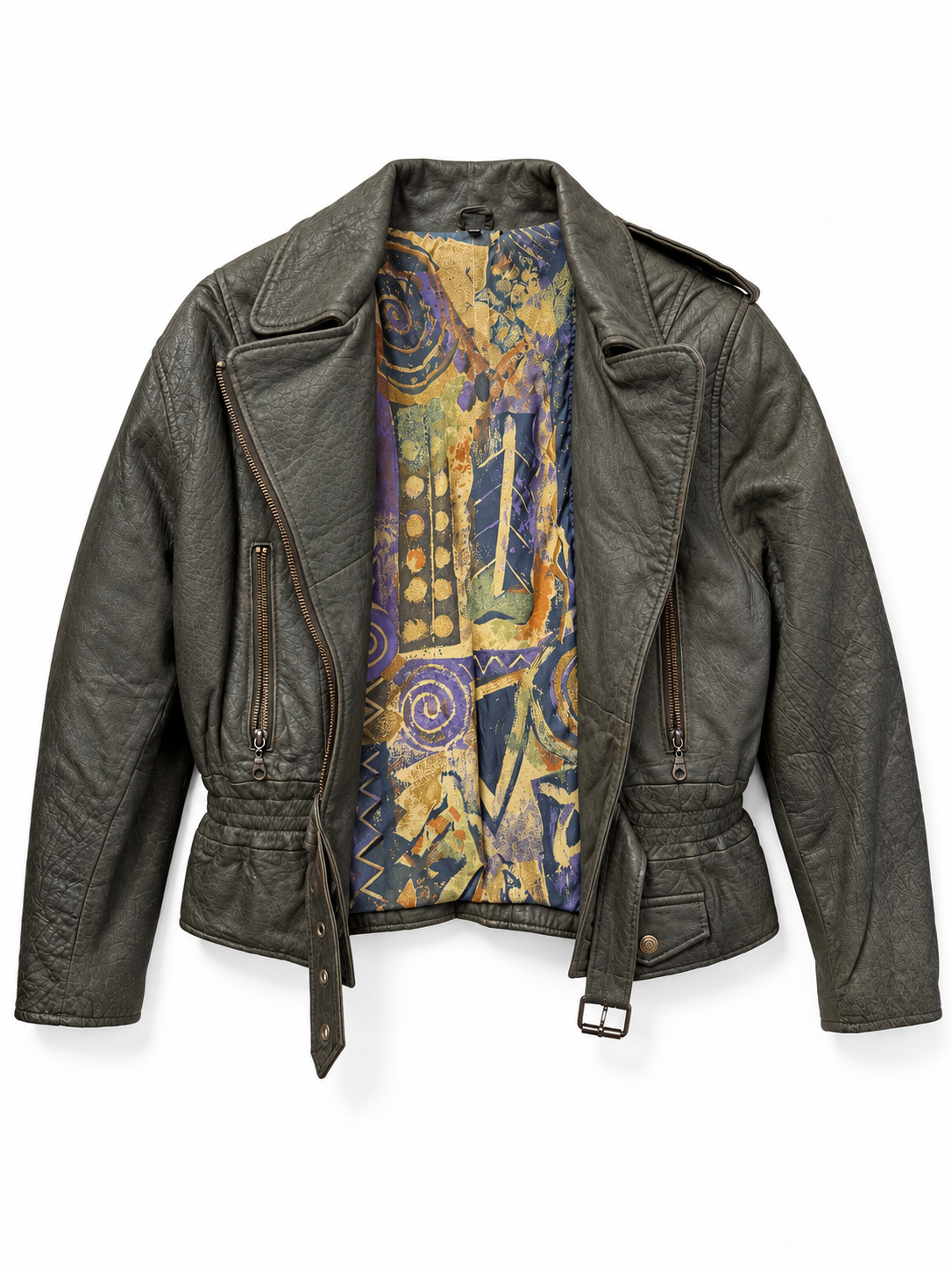 1980s Classic Biker Kemerli Deri Ceket