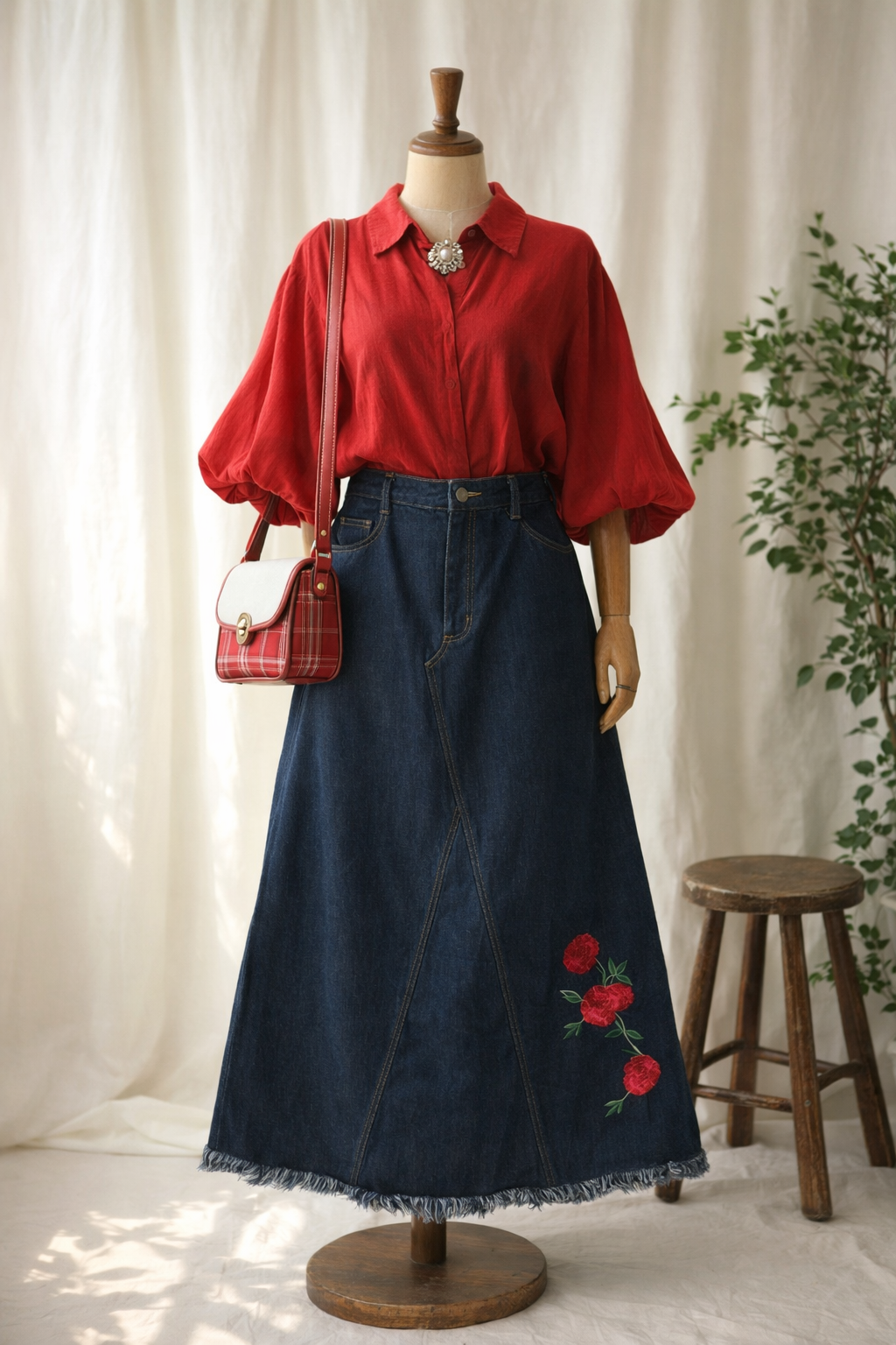 2000's Rose Nakışlı Denim Uzun Etek