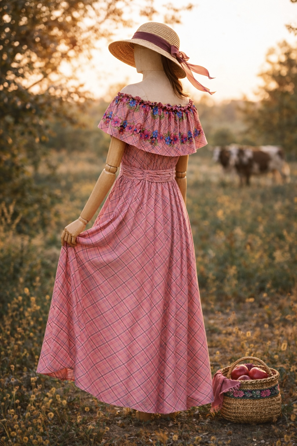 70's Romantic Ruffle Neck Flower Elbise