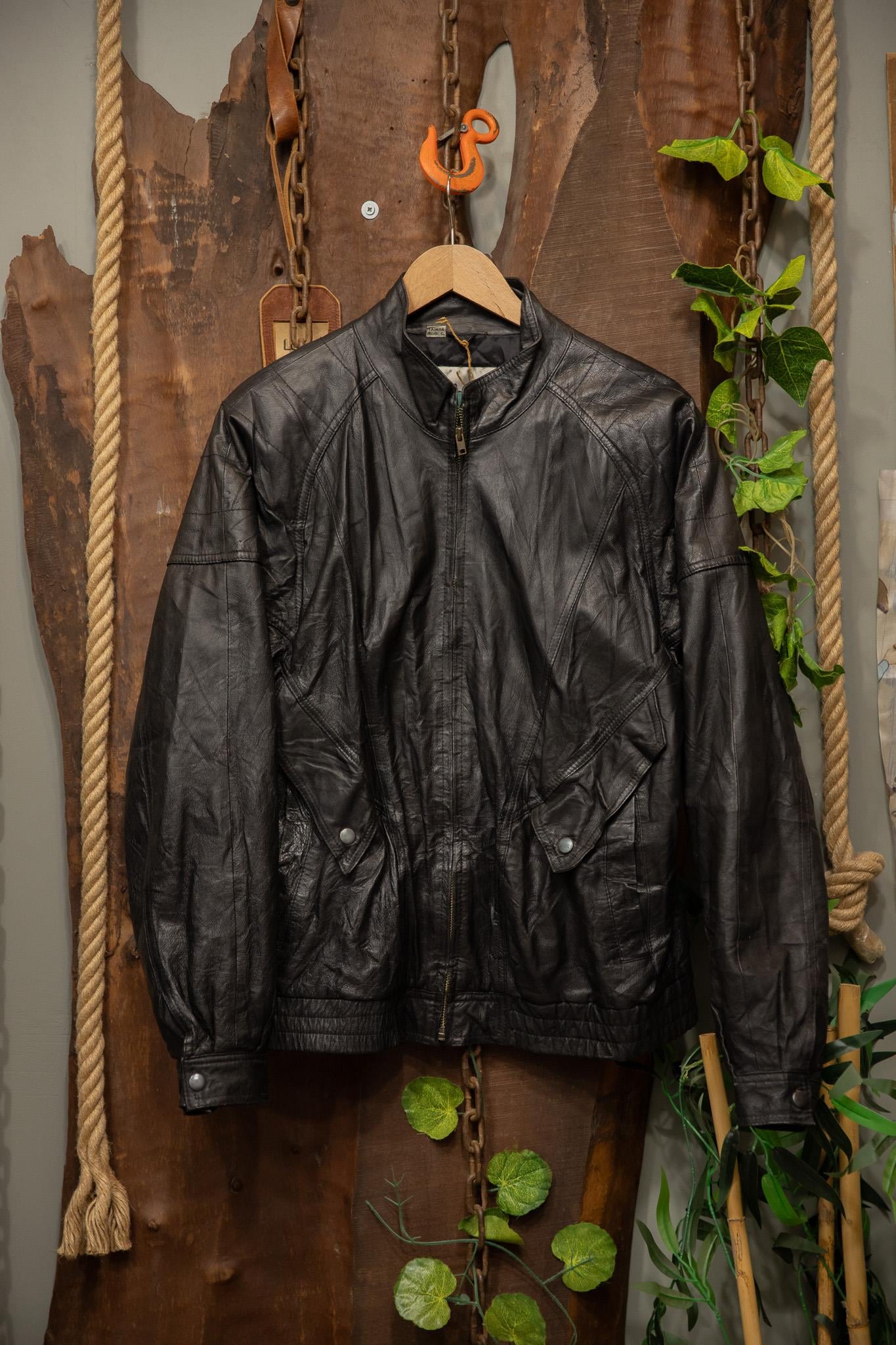 80's Black Oversize Bomber Deri Ceket