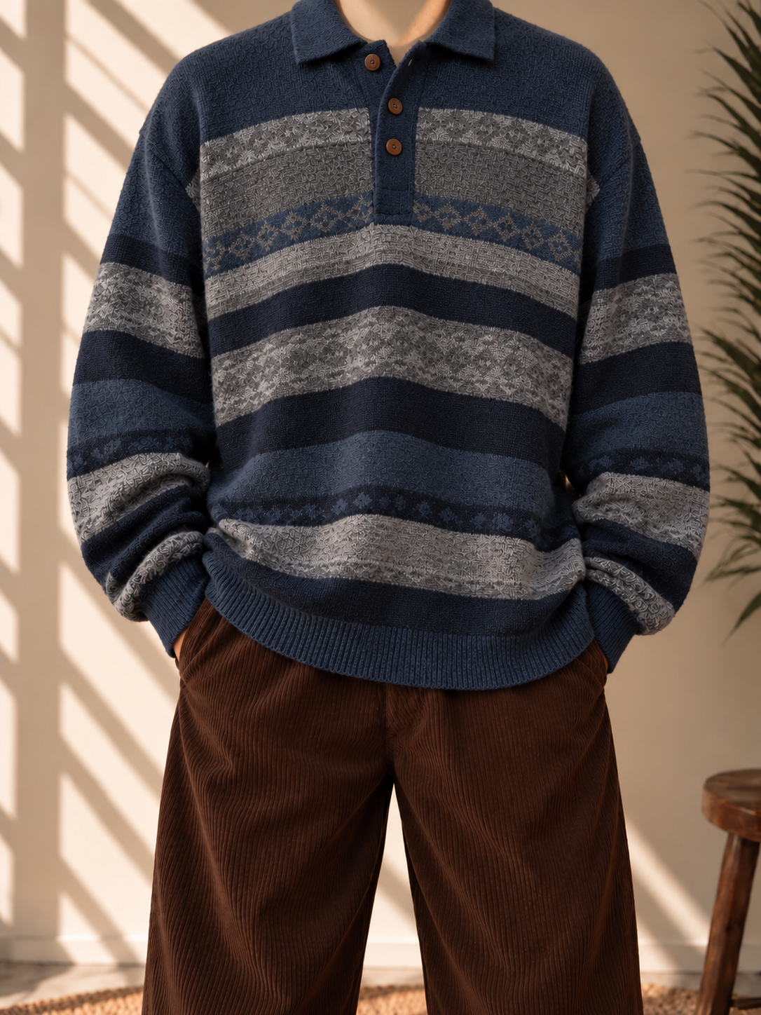 80s/90s Etnik Motifli Polo Yaka Kazak