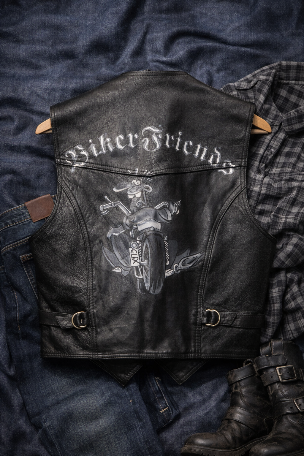 90's Biker Boyama Deri Yelek