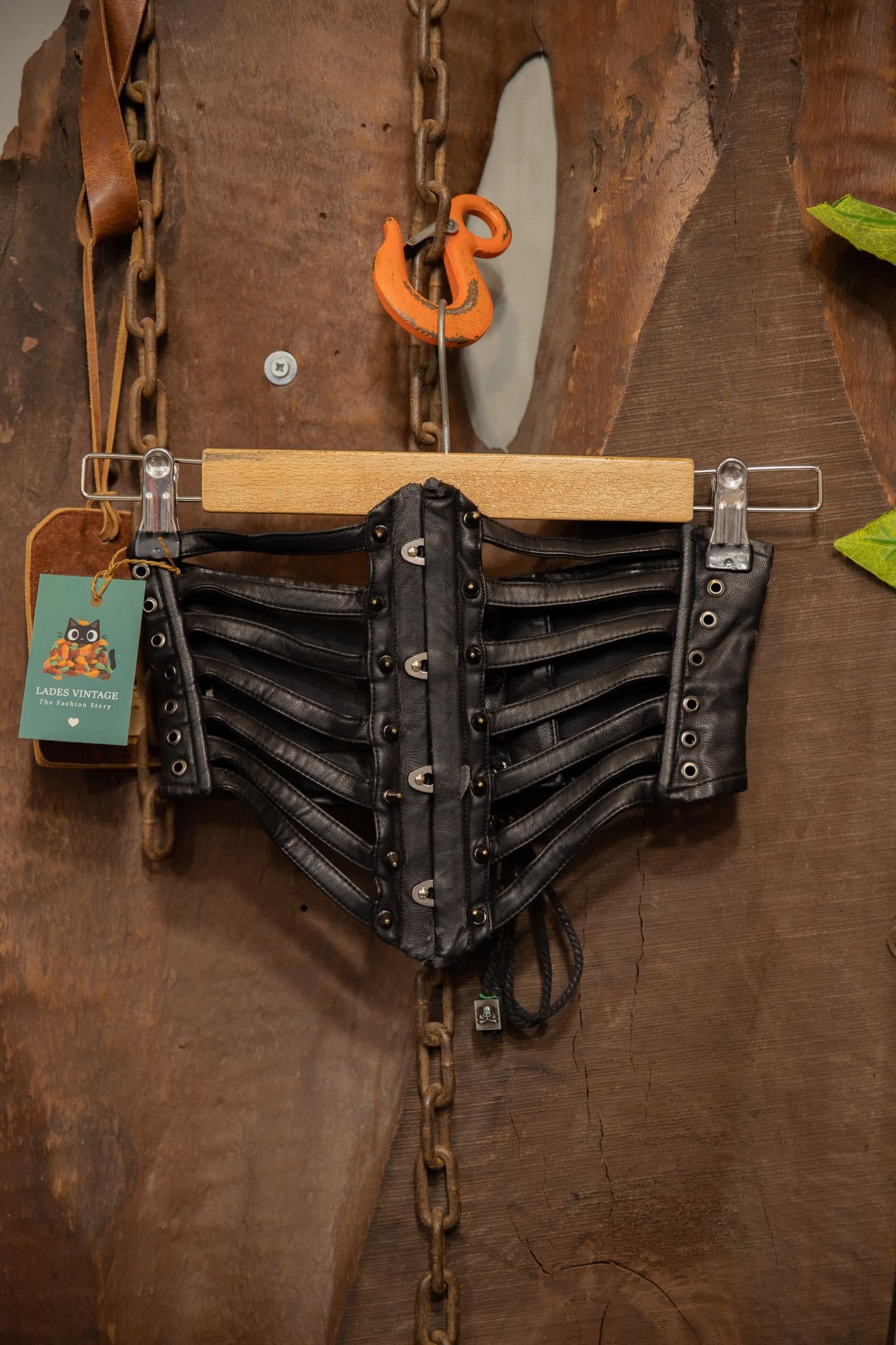 90's Black Strappy Deri Vest Korse