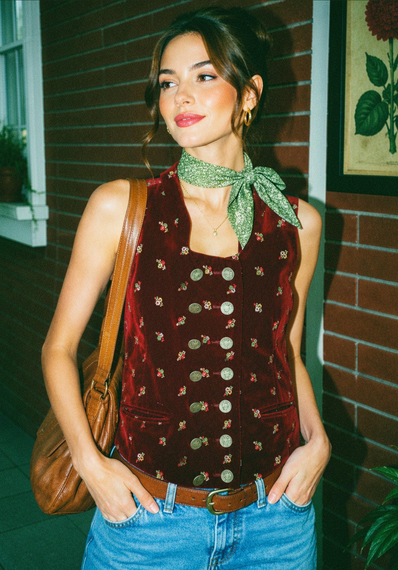 90's Bohemian Red Velvet Kadife Yelek