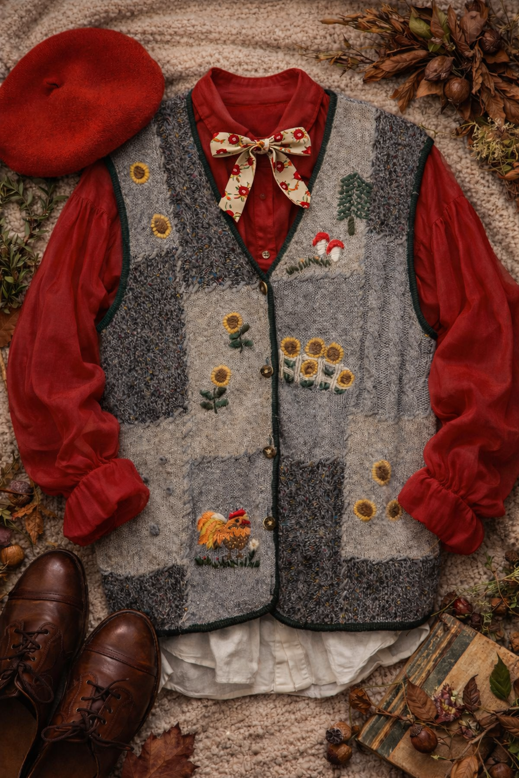 90's El Nakışlı Florak Wool Yelek