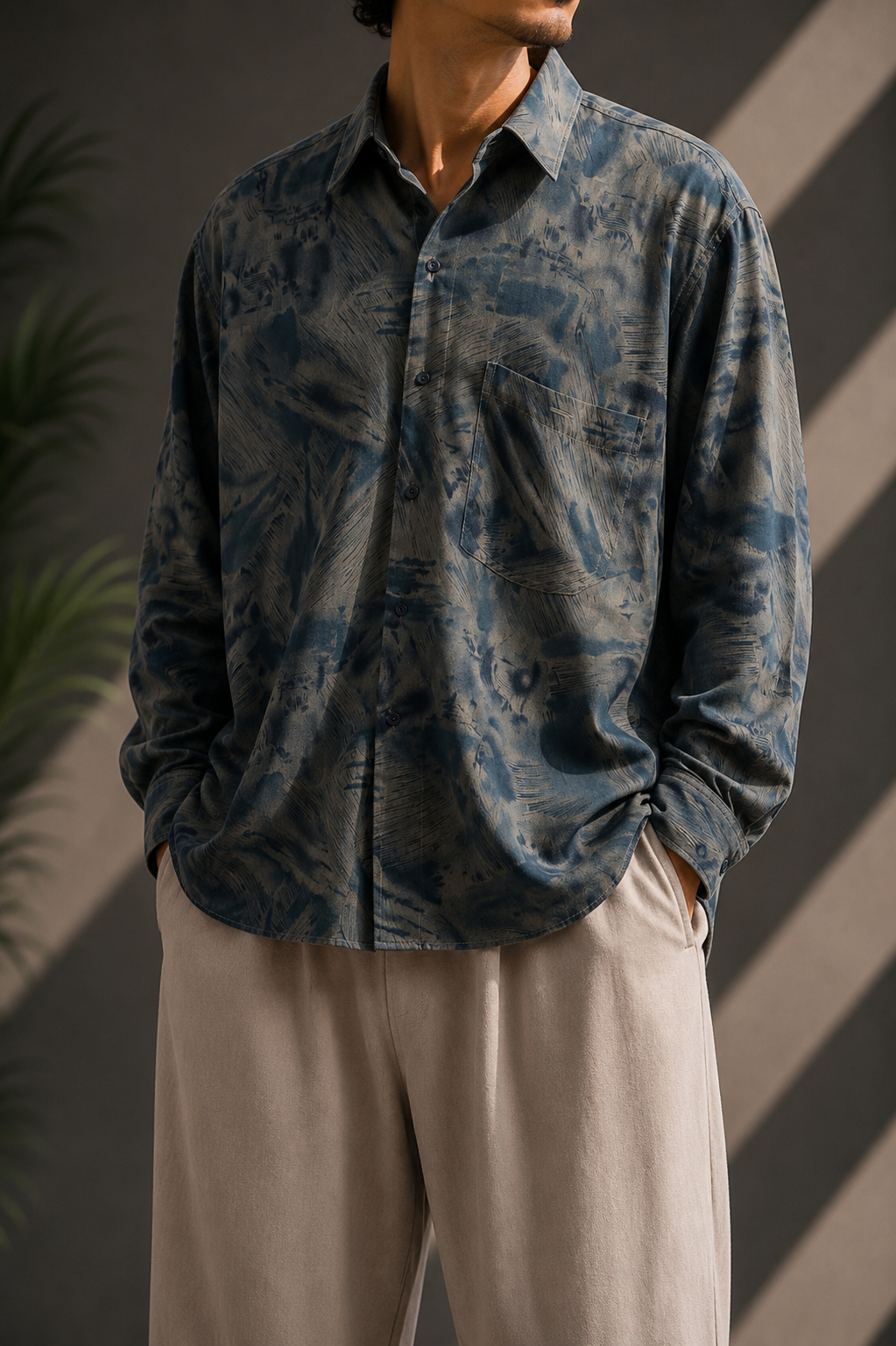 90s Füme Desenli Oversize Gömlek