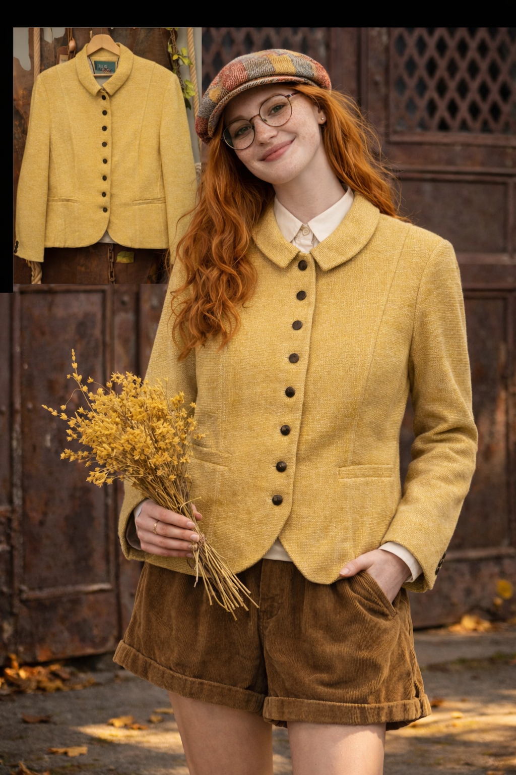 90's Old Money Gold Tweed Wool Ceket