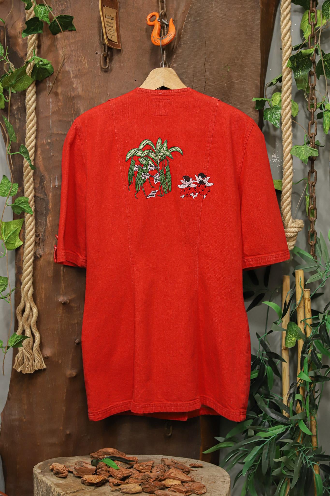 90s Playful Artistic Red Denim Ceket
