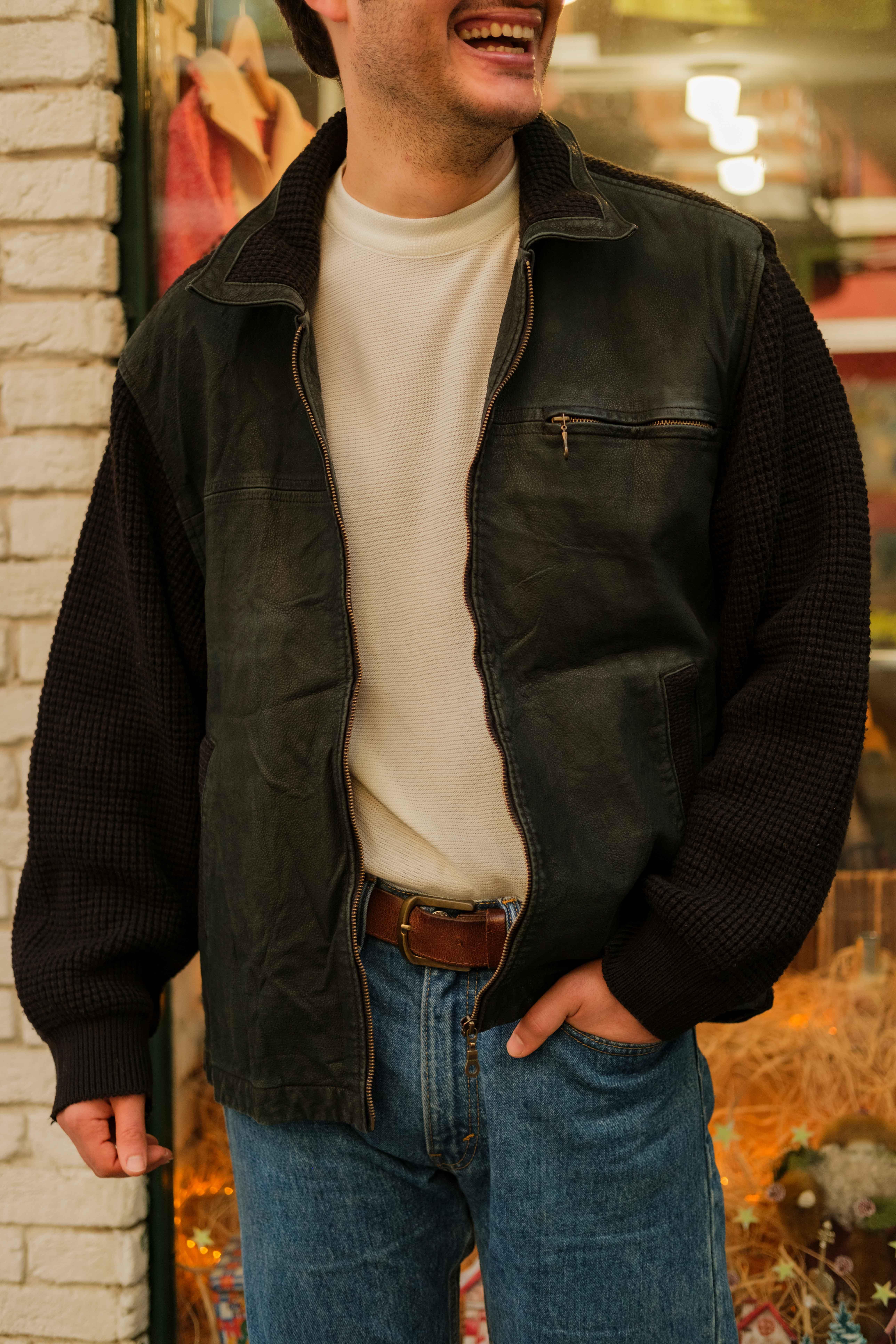 90's Vintage Örme Kol Unisex Deri Ceket
